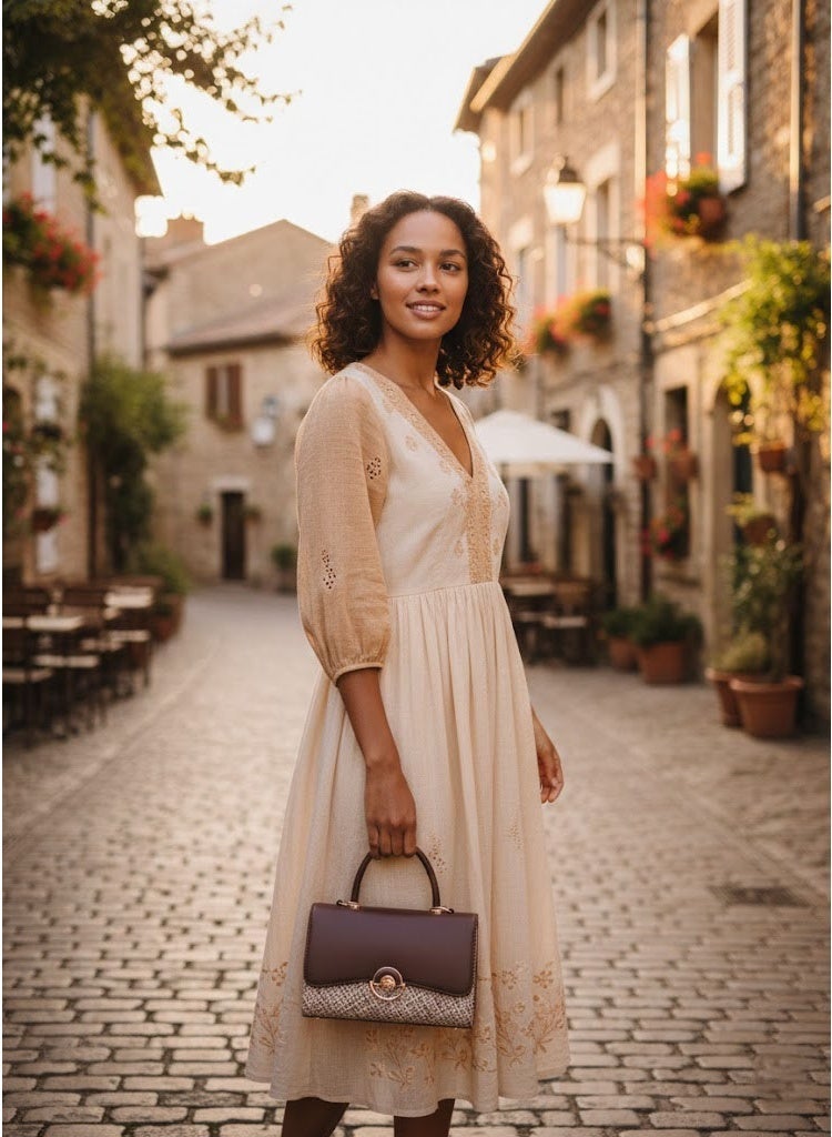 FUMES Coffee brown Women’s Handbag – Smooth Finish with Patterned Fabric Panel, Structured Top Handle & Chain Strap, Elegant Office & Evening Bag - Image 4